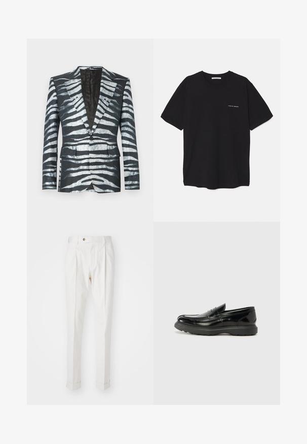 Čierny blazer s pruhovaným vzorom zebry v bielej a šedej farbe, s jedným gombíkom, dvoma prednými vreckami a kontrastným podšívkou.; Čierne bavlnené tričko s okrúhlym výstrihom, krátkymi rukávmi a bielou potlačou loga na ľavej hrudi. Jednoduchý, jednoliaty dizajn.; Biele, prispôsobené nohavice s plochým predným dielom, dvoma záhybmi a zrolovanými manžetami. Vyrobené z hladkej tkaniny s gombíkovým zapínaním v páse.; Čierne kožené mokasíny s lesklým povrchom, okrúhlou špicou, subtilnými švami a hrubou gumovou podrážkou pre zvýšenú odolnosť.