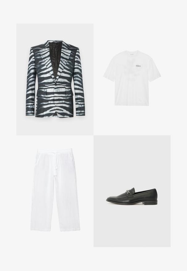 Fekete blézer zebramintázattal, fehér és szürke színekben, egysoros gombos záródással, két elülső zsebbel és kontrasztos béléssel.; Fehér pamut póló rövid ujjakkal, a mellrészen fekete és zöld felirattal, ami ezt olvassa: "Szállj a nyugalomba".; Fehér vászon cropped nadrág, elasztikus derékkal, zsinórral és két oldalsó zsebbel. Simább textúra és könnyű dizájn a kényelem érdekében.; Fekete bőr loaferek sima felülettel, varrott mintával és díszítő fém lánccal a cipő elején. Lapos sarok.