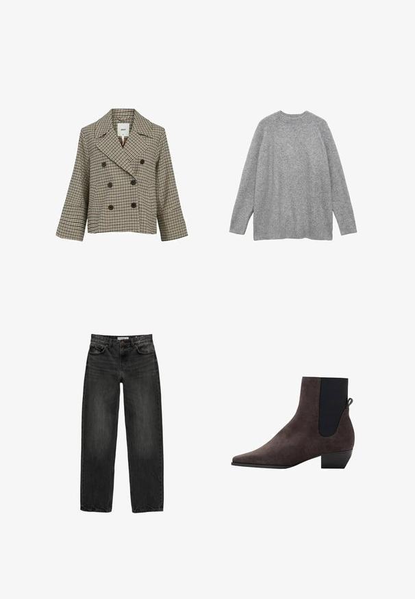 Dubbelgebreide cropped jasje in een bruin, zwart en wit ruitpatroon. Voorzien van grote knopen en een aangeknipte kraag; gemaakt van textuurstof.; Grijze gebreide trui van zacht materiaal, met een klassieke ronde halslijn, lange mouwen en geribde manchetten en zoom.; Zwarte denim jeans met een relaxte pasvorm, rechte pijpen, vijf-pocket ontwerp en een licht vervaagde textuur. Knop- en ritssluiting aan de voorkant.; Donkergrijze suède enkellaars met een spitse neus, elastische zijkanten en een kleine blokhak. Beschikt over een instaplusje aan de achterkant.