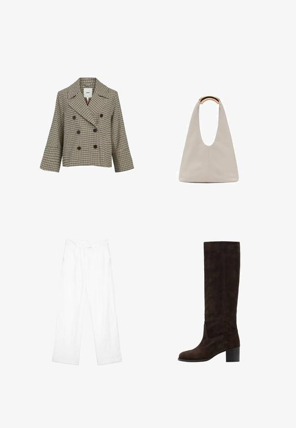 Dubbelgebreide cropped jasje in een bruin, zwart en wit ruitpatroon. Voorzien van grote knopen en een aangeknipte kraag; gemaakt van textuurstof.; Crème kleurige trui met een klassieke ronde halslijn, geribde manchetten en zoom, en een zachte textuur. Lichtgewicht stof met een gladde afwerking.; Witte linnen broek met een losse pasvorm, voorzien van een rechte pijpontwerp, zijzakken en een platte tailleband. Gladde textuur overal.; Bruine suède kniehoog laars met een vierkante neus en blokhak. Gladde textuur en minimale stikdetails aan de buitenkant.; Lichtgrijze leren tas met een U-vormig ontwerp en een gebogen metalen handvat. Glad oppervlak met minimale stiksels en geen zichtbare patronen.