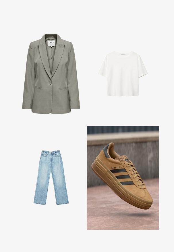 Jasnoszary blezer wykonany z gładkiego materiału; posiada pojedyncze zapięcie na guzik, klapy typu notch oraz dwie przednie kieszenie z subtelnymi detalami w postaci przeszyć.; Biała koszulka z krótkim rękawem, wykonana z bawełny. Posiada okrągły dekolt i luźny krój. Gładka faktura bez widocznych wzorów czy akcentów.; Jasnoniebieskie jeansy z szerokimi nogawkami i wysokim stanem, z lekko wybledzonym wykończeniem i drobnymi, rozproszonymi przetarciami.; Beżowe zamszowe sneakersy o gładkiej fakturze, z trzema ciemnymi paskami, zaokrąglonym noskiem i grubszą podeszwą z wzorzystym wykończeniem.