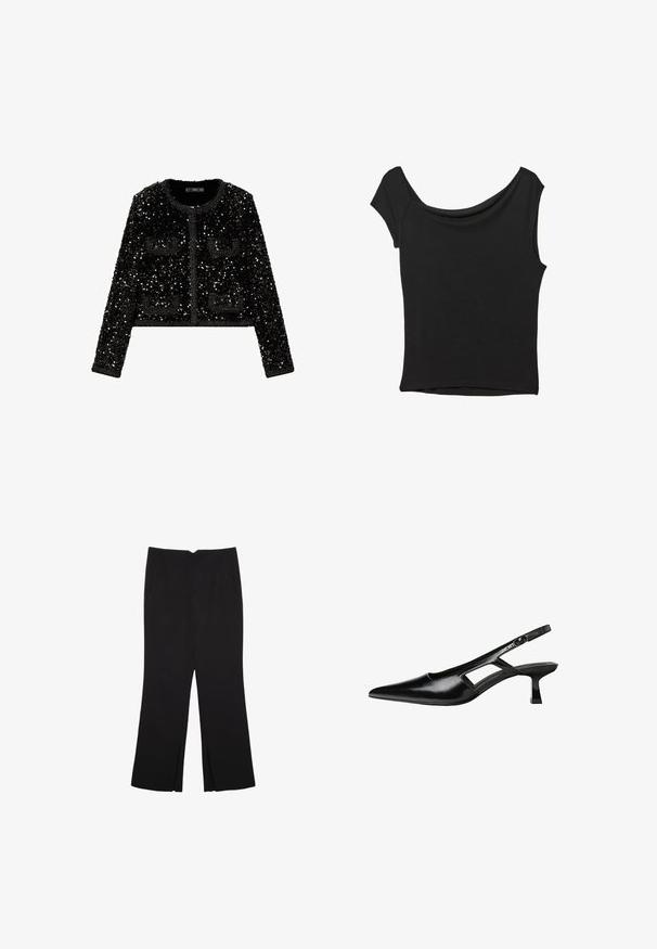 Mango Blazer - black; Black short-sleeve top made of smooth fabric; features a draped neckline and an asymmetrical hemline, with a fitted body.; Black trousers with a straight fit, featuring front pockets and side slits at the hem. Made of soft, smooth fabric. Suitable for various occasions.; Black patent leather slingback heels with a pointed toe, cut-out side design, and a small square heel. Smooth texture with minimal accents.