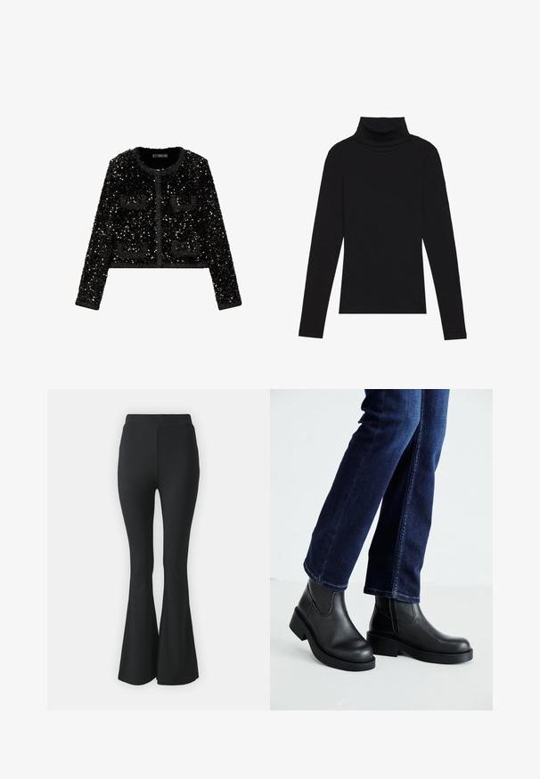 Mango Blejzr - black; Černý rolák s dlouhým rukávem, vyrobený z žebrované látky, má upnutý střih s vysokým výstřihem a žádné vzory ani akcenty.; Černé rozšířené kalhoty vyrobené z elastického materiálu. Mají vysoký pas a hladký, přiléhavý design, který se rozšiřuje od kolene dolů.; Černé kožené kotníkové boty s robustní podrážkou a elastickými bočními panely, v kombinaci s tmavomodrými džíny. Půda je světlé barvy.