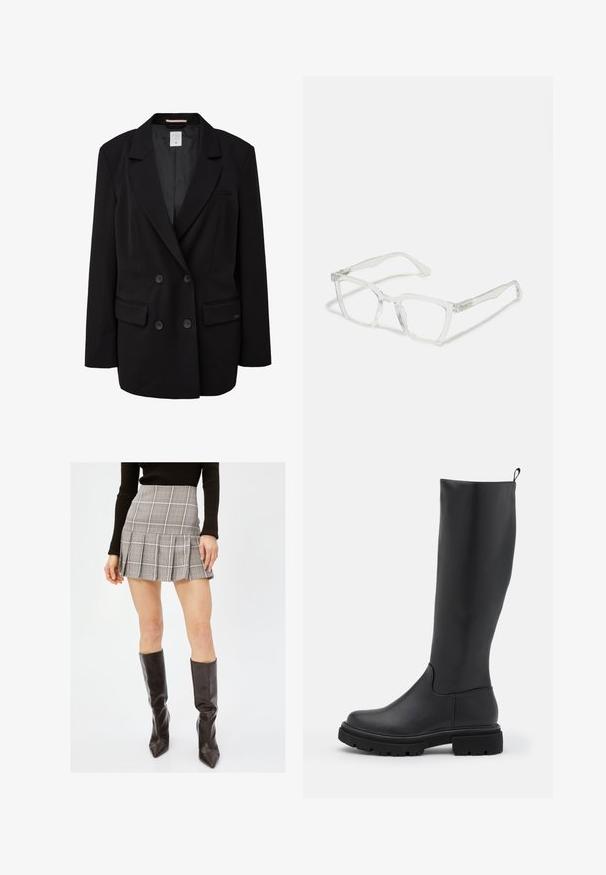 Zwarte double-breasted blazer met een notch-lapel, twee voorzakken en zes knopen. Soepele stof met een verborgen binnenlabel.; Afgeknot zwarte gebreide trui met een gestructureerde stof, ronde halslijn en losvallende lange mouwen.; Grijze geruite minirok met plooien, met verticale en horizontale lijnen in zwart, wit en rood. Gecombineerd met enkellaarsjes tot aan de knie in zwart.; Zwarte laarzen tot de knie, gemaakt van glad, mat materiaal met een stevige zool, ronde neus en een treklabel bovenaan voor eenvoudig aan- en uittrekken.; Duidelijke rechthoekige bril met transparante monturen en rechte poten. Beschikt over subtiele details op de slapen. Lichtgewicht ontwerp.; Zwarte leren hobo tas met een zachte, gebogen vorm. Heeft een brede bovenhandgreep en plooien aan de onderkant voor een slappe textuur.