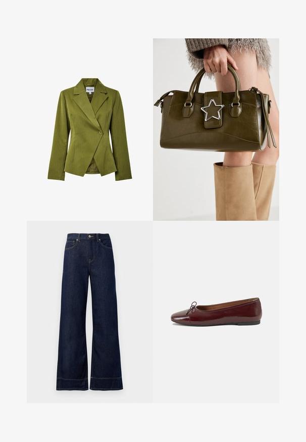 Blazer a righe verde oliva con colletto a punta, chiusura a un bottone e maniche lunghe. Tessuto liscio con un design aderente.; Pullover in maglia crema chiaro con collo rotondo, polsini e orlo a coste. Presenta un motivo testurizzato e spalle scese per una vestibilità rilassata.; Jeans a gamba larga blu scuro realizzati in denim. Presentano una chiusura con bottone, dettagli di cucitura e tasche laterali. Orlo inferiore a campana.; Ballerine in pelle verniciata bordeaux con punta arrotondata, piccolo fiocco decorativo sulla parte anteriore e suola bassa in gomma nera. Texture liscia.; Borsa a mano in similpelle verde oliva con accentatura a stella argentata, manici doppi e chiusura con zip. Superficie testurizzata e forma strutturata.
