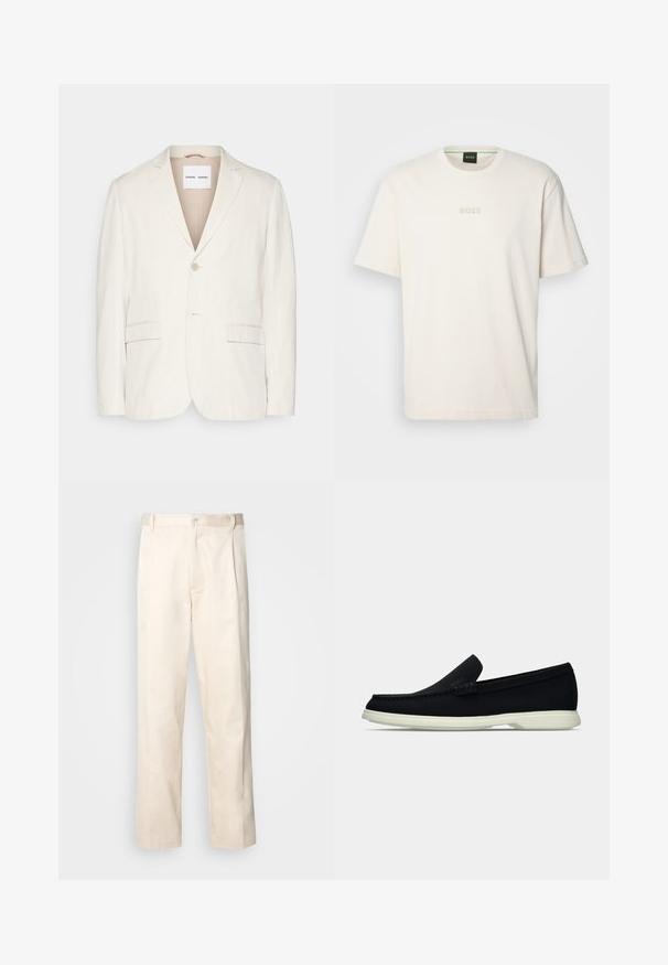 Šviesiai smėlinis lino švarkas su vienu mygtuku, įpjovomis atlapais, dviem priekinėmis kišenėmis ir pritaikytu siluetu. Minkšta tekstūra su minimalistiniu dizainu.; BOSS TEE - Paprasti marškinėliai - open white; Bežinės medvilninės kelnės su tiesiu kirpimu, turinčios mygtuko uždarymą ir priekyje raukšles papildomai dekoratyviam akcentui.; Juodas slip-on avalynė su apvaliu pirštu, turintis tekstūruotą paviršių, lygią baltą platformą ir subtilų prekės ženklą šone.
