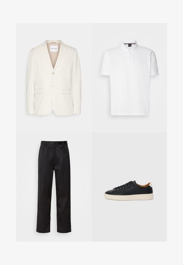 Blazer en lin beige clair avec une fermeture à un bouton, des revers crantés, deux poches avant et une coupe ajustée. Texture douce avec un design minimaliste.; Polo shirt blanc en mélange de coton et polyester, doté d'un col, d'une patte de boutonnage à deux boutons et d'un logo brodé discret sur la poitrine.; Pantalon noir en tissu lisse, avec une fermeture à bouton sur le devant, des plis et des jambes droites. Aucun motif ou accent visible.; Baskets en cuir noir avec une texture lisse, semelle en caoutchouc beige, design à lacets et accent de talon contrasté.