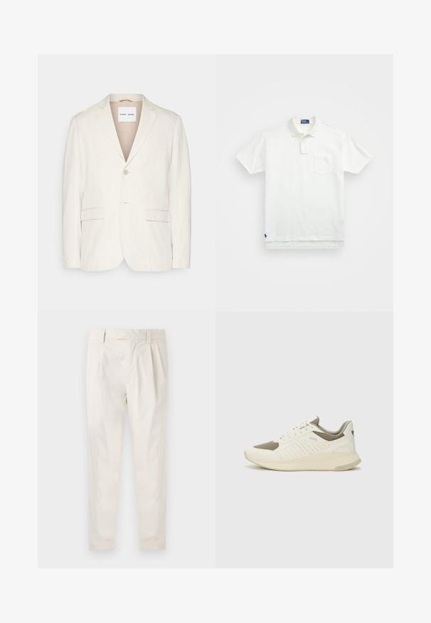 Blazer din in bej deschis, cu închidere printr-un singur nasture, revere ondulate, două buzunare frontale și o croială ajustată. Textură moale cu un design minimalist.; Cămașă polo albă din bumbac, cu un guler clasic, placket cu trei nasturi și un buzunar pe pieptul stâng; logo mic pe tiv.; Pantaloni albi plisati, cu o croială ajustată, având o textură netedă, bucle pentru curea și picioare conice. Fără buzunare vizibile sau modele.; Tenis sportivi alb și bej deschis, cu un înveliș din plasă, detalii perforate și o talpă intermediară texturată, având marcaj pe călcâi.