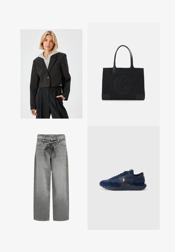 Afskåret sort blazer med knaplukning, der har en skræddersyet design, lange ærmer og en glat tekstur, lagdelt over en grå zip-hoodie.; Grå turtleneck sweater lavet af blødt strikmateriale med ribbede manchetter og kant. Har en afslappet pasform og en struktureret halsudskæring.; Bredde grå denim jeans med snøre i taljen og forlommer. Stoffet har en let struktur og en falmet overflade.; Mørkeblå sportsko med ruskind og mesh-materialer, udstyret med gummisål, snørebåndsdesign og en gylden logoaccent.; Sort tote taske lavet af stof, med et fremtrædende prægede logo i et cirkulært design. Glat tekstur med kontrasterende læderdetaljer.