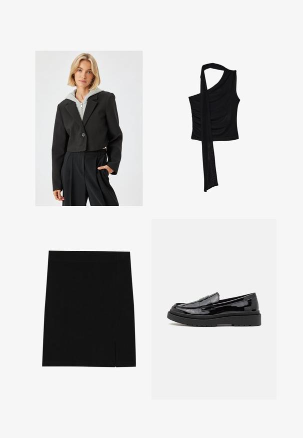 Blazer noir court avec fermeture à bouton, présentant un design ajusté, des manches longues, et une texture lisse, superposé sur un hoodie zippé gris.; Haut sans manches noir avec une seule bretelle, mettant en valeur un accent fluide et drapé ainsi qu'une texture froncée sur le côté. Fabriqué à partir d'un tissu doux.; Mini-jupe noire en tissu doux avec une coupe ajustée, présentant une légère fente sur le côté pour plus de style.; Mocassins en cuir verni noir à bout rond, avec une bande décorative et une épaisse semelle en caoutchouc noir. Texture lisse et brillante avec un minimum de couture.