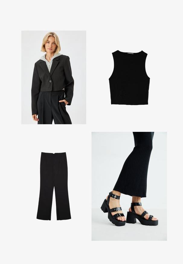 Avskuren svart kavaj med knäppning, med skräddarsydd design, långa ärmar och en slät yta, över en grå zip-hoodie.; Svart ärmlös crop top i mjukt tyg, med rund hals och en ren, enkel design utan mönster eller detaljer.; Svarta byxor med rak passform, utrustade med framfickor och sidoklyvningar vid fållen. Tillverkade av mjukt, slätt tyg. Lämpliga för olika tillfällen.; Svarta plattformssandaler med kraftiga yttersölar och flera remmar, med metalspännen och en slät läderliknande yta.