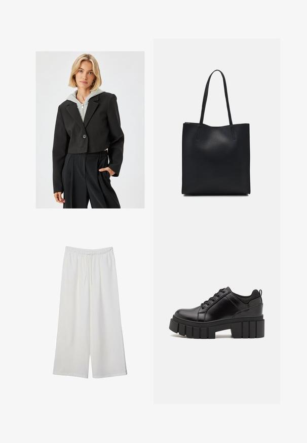 Przycięty czarny żakiet z zapięciem na guzik, o dopasowanym fasonie, z długimi rękawami i gładką fakturą, nałożony na szary hoodie z zamkiem błyskawicznym.; Czarny krótki top z krótkim rękawem wykonany z miękkiego materiału, z okrągłym dekoltem i luźnym krojem oraz czystą linią dołu.; Białe szerokie spodnie wykonane z lekkiego materiału, z elastyczną talią i sznurkiem do regulacji fasonu. Gładka tekstura.; Czarne skórzane buty na platformie z masywnym słupkowym obcasem, okrągłym noskiem i klasycznym sznurowaniem. Posiadają gładką teksturę i minimalne wykończenia.; Czarna skórzana torba tote o gładkiej fakturze, prostokątnym kształcie i dwóch długich uchwytach. Brak widocznych elementów metalowych i ozdób.