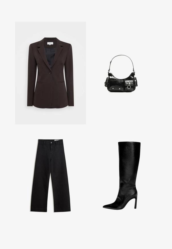 Kaffe KASAKURA BLAZER - Blazer - java; Zwarte lange mouwen gebreide trui met ronde halslijn, geribde manchetten en zoom, en een cropped lengte.; Zwarte denim broek met wijde pijpen en een hoge taille, voorzien van voor- en achterzakken, gestikte naden en een knoopsluiting. Gladde textuur.; Zwart leren laars tot de knie met een spitse neus, hoge stilettohak, een gladde afwerking en een eenvoudig, slank ontwerp zonder versieringen.; Zwarte laarzen in lakleer met een gebogen vorm, één schouderband, voorvakken en accenten in zilverkleurig metaal.