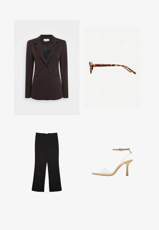 Kaffe KASAKURA BLAZER - Blazer - java; Schwarzes ärmelloses Oberteil aus glattem Stoff, mit einem runden Ausschnitt und einer figurbetonten Passform, ohne sichtbare Muster oder Verzierungen.; Schwarze Hose mit geradem Schnitt, ausgestattet mit Fronttaschen und Seitenschlitzen am Saum. Hergestellt aus weichem, glattem Stoff. Geeignet für verschiedene Anlässe.; Durchsichtige Sandale mit transparentem Obermaterial, beigem Fußbett und einem schlanken Knöchelriemen. Sie hat eine spitz zulaufende Zehenpartie und einen dünnen, hohen Absatz.; Schildpatt-Sonnenbrille mit dickem Rahmen, leicht gebogenen Bügeln und glatter Textur. Sie präsentiert ein klassisches Design mit glänzender Oberfläche.