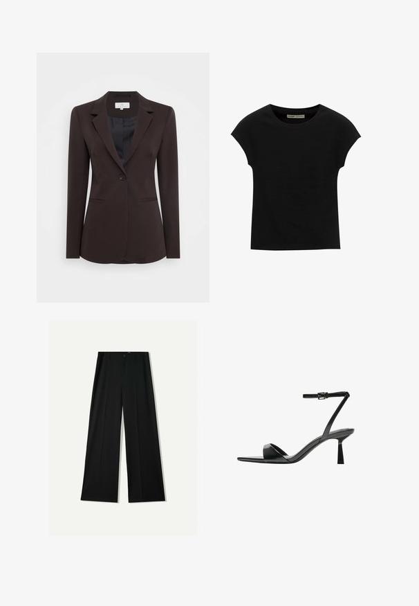 Kaffe KASAKURA BLAZER - Blazer - java; T-shirt noir à manches courtes avec un col rond. Confectionné en coton lisse et extensible. Design simple sans motifs ni graphismes.; Bershka WIDE - Pantalon classique - black; Bershka Sandales à talons hauts - black