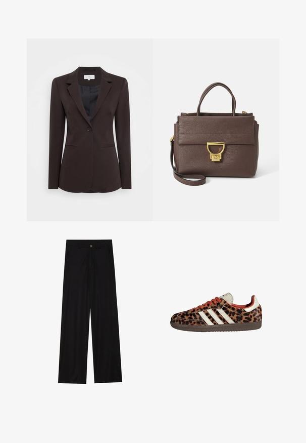 Kaffe KASAKURA BLAZER - Blazer - java; Chemise noire à manches longues avec un large col, en tissu doux, présentant une coupe ajustée et de minimalistes détails de couture.; Pantalons noirs à jambes larges en tissu lisse, avec poches avant et fermeture à bouton à la taille. Design minimaliste sans motifs.; Baskets en imprimé léopard avec un matériau en suède, lacets rouges et trois rayures blanches sur le côté. Présente une languette de couleur crème et une semelle marron.; Sac à main en cuir marron avec surface texturée, quincaillerie dorée, poignées supérieures et bandoulière amovible ; présente un rabat avant avec une fermeture à cliquet.; Montre-bracelet rectangulaire dorée avec un cadran blanc, des index horaires argentés et un bracelet en métal durable. Fonction étanche incluse.