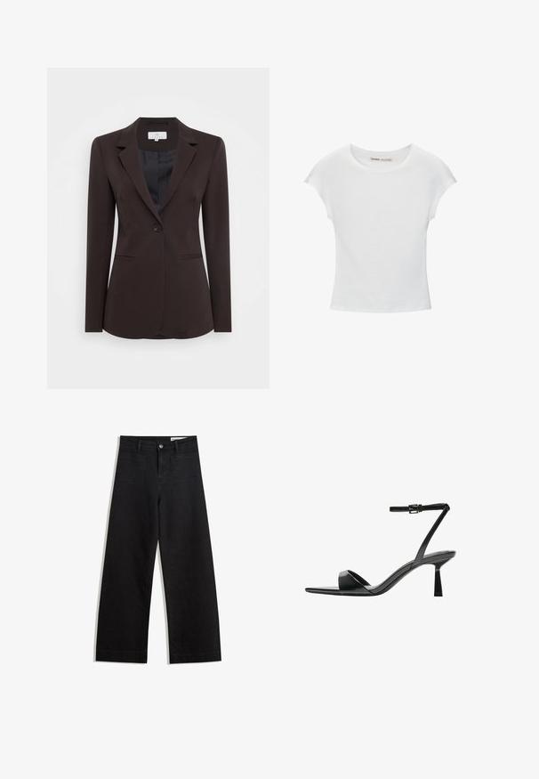 Kaffe KASAKURA BLAZER - Blazer - java; T-shirt bianco in cotone con scollatura rotonda, maniche a cappuccio e design aderente. Tessuto liscio senza motivi o decorazioni.; Pantaloni in denim neri a gamba larga con vita alta, dotati di tasche anteriori e posteriori, cuciture a punto, e chiusura con bottone. Texture liscia.; Bershka Sandali con tacco - black