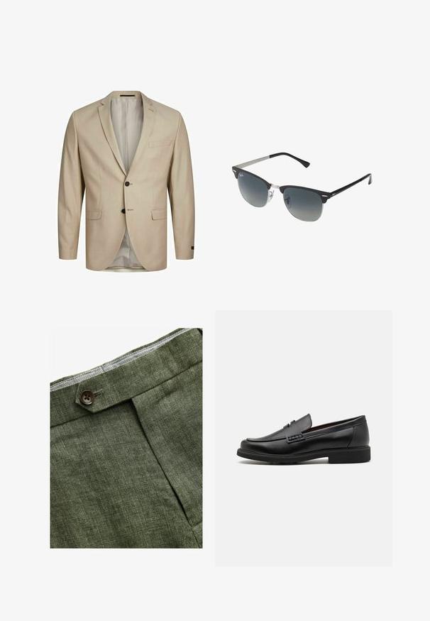 Beige Blazer aus strukturiertem Stoff, mit einreihigem Design, Reverskragen, zwei Knöpfen und einer einzigen Brusttasche. Gefüttertes Innenfutter.; Hellblaues Langarmhemd mit Knopfleiste, klassischem Kragen, geradem Saum und subtiler Textur. Mit zentraler Knopfverschluss.; Olivengrüne Leinenhose mit einem Bundfalten, ausgestattet mit einem Knopfverschluss und einem kontrastierenden karierten Futter am Bund.; Schwarze synthetische Slipper mit einer markanten gesteppten Vorderseite, gepolstertem Fußbett und flacher Gummisohle; schlankes Design mit minimaler Detailverarbeitung.; Schwarze und silberne Sonnenbrille mit Katzenaugenform, verlaufenden Gläsern und metallischen Akzenten im Rahmen. Plastische Bügel mit grauen Spitzen.