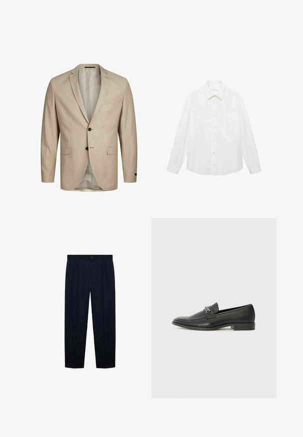 Beige blazer met een textuurstof, een enkelvoudig ontwerp, notch-revers, twee knopen en een enkele borstzak. Gevoerd interieur.; Mango ANTARES - Overhemd - white; Marineblauwe, platte broek gemaakt van lichte stof met een gladde textuur; voorzien van een knoopsluiting en twee zijzakken.; Zwarte leren instapper met een gladde afwerking, voorzien van een gestikt ontwerp en een decoratieve metalen kettingaccent over de wreef. Platte hak.