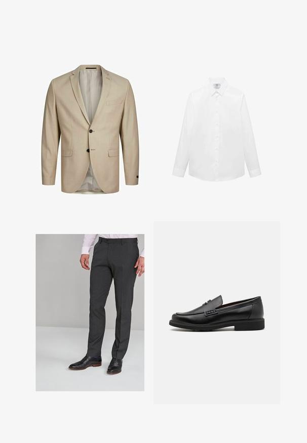 Beige blazer featuring a textured fabric, single-breasted design, notched lapels, two buttons, and a single chest pocket. Lined interior.; White long-sleeve shirt made of smooth fabric, featuring a classic collar, button front, and curved hem. Minimalistic design with no patterns.; Gray tailored trousers with a smooth texture, featuring a flat front and belt loops, paired with black dress shoes.; Black synthetic loafers with a prominent stitched front, cushioned insole, and flat rubber outsole; sleek design with minimal detailing.
