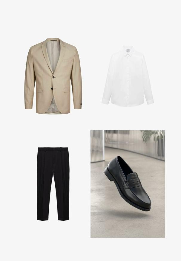 Beige blazer met een textuurstof, een enkelvoudig ontwerp, notch-revers, twee knopen en een enkele borstzak. Gevoerd interieur.; Witte langlopende shirt met lange mouwen, gemaakt van gladde stof, met een klassieke kraag, knoopsluiting en een gebogen zoom. Minimalistisch ontwerp zonder patronen.; Zwarte op maat gemaakte broek met riemlussen, sluiting met voorste knoop en rits, plooien en omgeslagen broekspijpen.; Zwarte leren loafer met een gladde textuur, spitse neus en een decoratieve band over de wreef. Lichtgewicht zool, minimalistisch ontwerp.