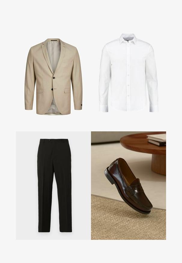 Beige blazer featuring a textured fabric, single-breasted design, notched lapels, two buttons, and a single chest pocket. Lined interior.; White long-sleeve button-up shirt made from smooth cotton. Features a classic collar and button-front closure with a straight hem.; Black tailored trousers made from a smooth fabric, featuring a straight cut, a button closure, and front pleats for added structure.; Brown leather loafers with a glossy finish, featuring a stitched detail across the front and a low-profile black rubber sole.