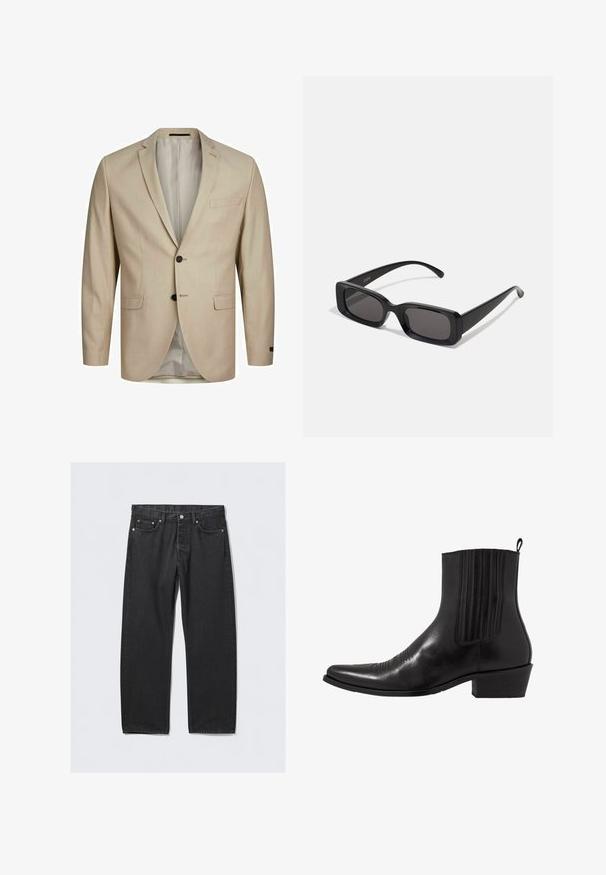 Beige blazer met een textuurstof, een enkelvoudig ontwerp, notch-revers, twee knopen en een enkele borstzak. Gevoerd interieur.; Witte langesleeve overhemd met knopen, gemaakt van een gladde stof. Kenmerkt zich door een klassieke kraag, voor knopen en manchetten met één knoop. Slim fit ontwerp.; Zwarte denim jeans met een rechte pijp, voorzien van een knoopsluiting, vijf zakken en hardwareaccenten in koperkleur. Soepele textuur.; Zwarte leren enkellaarzen met een spitse neus, elastische zijpanele, verticale stiksels en een lage blokhak.; Zwarte rechthoekige zonnebril met donkere lenzen, glanzende afwerking, brede pootjes en een robuust frameontwerp. Gegraveerde merknaam op één van de pootjes.; Bordeaux zijden stropdas, smalle vorm met een stevige textuur. Heeft een puntige punt, consistente kleur en een gladde afwerking.