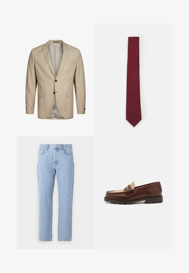 Beige sako s texturovanou tkaninou, s jednořadým zapínáním, klopami, dvěma knoflíky a jednou náprsní kapsou. Podšívka uvnitř.; Bílá košile s dlouhým rukávem a knoflíkovým zapínáním vyrobená z hladké látky. Má klasický límeček, přední knoflíky a manžety na jeden knoflík. Úzký střih.; Světle modré džínové kalhoty se rovnými nohavicemi, pěti kapsami a zapínáním na knoflíky. Měkká textura s klasickým vybledlým vzhledem.; Hnědé kožené mokasíny s taupe plátěným akcentem, prošívanými detaily a texturovanou gumovou podrážkou navrženou pro pohodlí a odolnost.; Bordó hedvábná kravata, úzkého tvaru se solidní texturou. Má špičatou špičku, stálou barvu a hladký povrch.