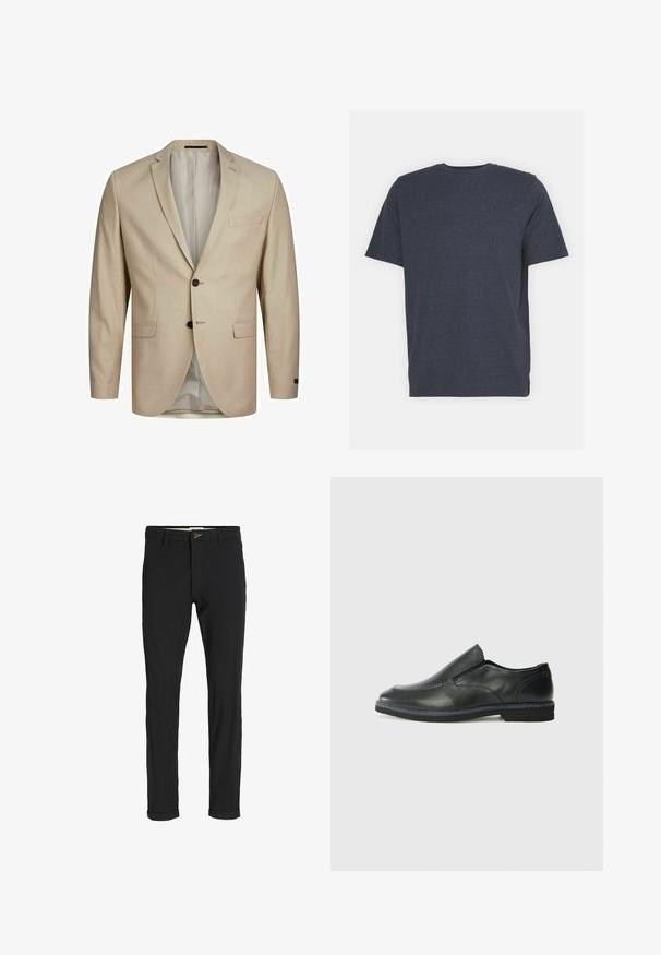 Beige Blazer aus strukturiertem Stoff, mit einreihigem Design, Reverskragen, zwei Knöpfen und einer einzigen Brusttasche. Gefüttertes Innenfutter.; Marineblaue Rundhals-T-Shirt aus weichem Baumwollmischgewebe, mit kurzen Ärmeln und normaler Passform. Keine sichtbaren Muster oder Akzente.; Schwarze Baumwollmischungshose mit schmalem Schnitt, gekennzeichnet durch einen Knopfverschluss, Taschen und umgeschlagenen Säumen für einen lässigen Abschluss.; Schwarze Leder-Slipper mit glattem Obermaterial, gesteppten Akzenten, runder Zehenpartie und niedrigem Gummiabsatz. Die Sohle hat ein minimales Profil.
