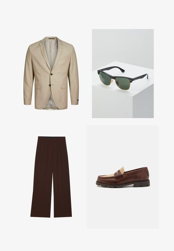 Beige bleiseri, jossa on teksturoitu kangas, yhden napin malli, viistot kaulukset, kaksi nappia ja yksi rintatasku. Vuorattu sisustus.; Valkoinen puuvillainen hihaton paita, jossa on pyöreä kaula-aukko, leveät olkaimet ja suora helma. Paidan tekstuuri on sileä, eikä siinä ole näkyviä kuvioita.; Ruske leve široke hlače z gubami. Narejene so iz gladkega blaga, z oblikovanim pasom in stranskimi žepi. Ravna obleka na dnu.; Bordeaux nahkahiusut, joissa on harmahtava kangasasennus, tikkausyksityiskohtia ja teksturoitu kumipohja, joka on suunniteltu mukavuutta ja kestävyyttä varten.; Ray-Ban aurinkolasit, joissa on vihreät linssit, mustat muovikehykset ja kultaiset yksityiskohdat reunoilla. Neliön muoto, jossa on mattapinta.