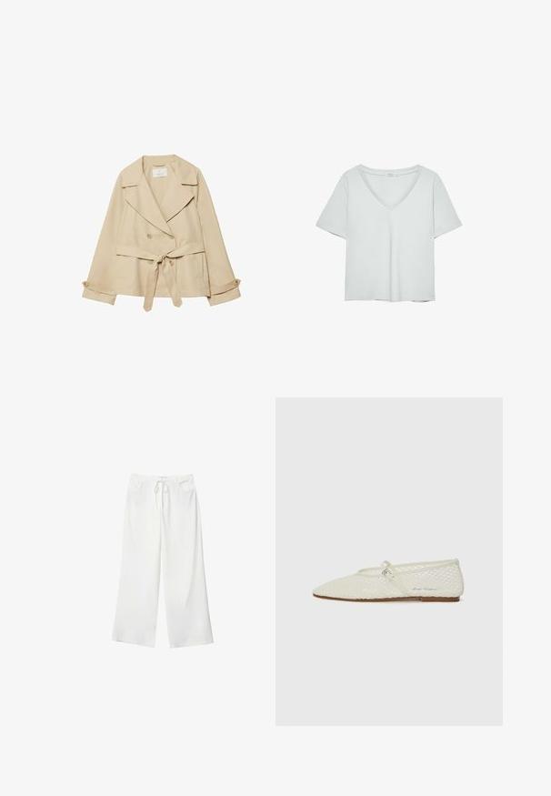 Beige Trenchcoat mit Wickeldesign, doppelten Knöpfen, breiten Revers, einem Bindegürtel in Taillenhöhe und hochgekrempelten Ärmeln mit Knopfdetails.; Hellgraues T-Shirt mit kurzen Ärmeln und V-Ausschnitt, aus weichem Material gefertigt; verfügt über eine lockere Passform und saubere Nähte ohne Muster.; Weiße, weite Hosen aus weichem Stoff, mit einem Kordelzug in der Taille und zwei vorderen Taschen. Glatte Textur und keine sichtbaren Muster.; Cremefarbene Netz-Ballettschuhe mit spitzem Zehenbereich und verstellbarem Riemen. Verfügt über ein strukturiertes Obermaterial und eine flache, braune Sohle.