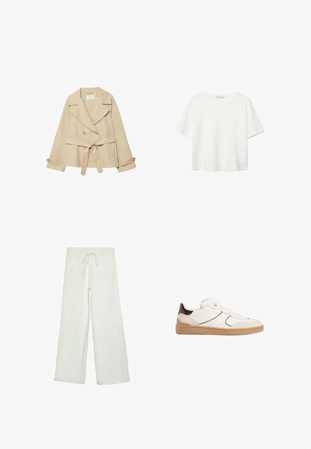 Beige trenchcoat med en omslagdesign, dubbelknapplång, breda slag, knytbälte i midjan och uppvikta ärmar med knappdetaljer.; Vit t-shirt med kort ärm i bomull. Har en rundad halsringning och en avslappnad passform. Slät textur utan synliga mönster eller detaljer.; Vita vida byxor i mjukt tyg. Har en elastisk midja med dragsko och en slät yta. Inga synliga mönster eller metalldetaljer.; Stradivarius Sneakers - white