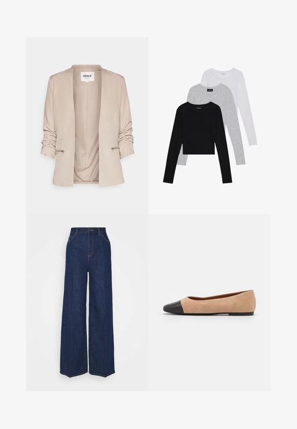 Beige blézer, sálgallérral, ráncos ujjakkal, oldalsó cipzár díszítéssel és sima szövet textúrával. Nyitott elülső rész, zárás nélkül.; Három hosszú ujjú póló egymásra rakva: fekete, szürke és fehér. Mindegyiknek kerek nyaka van, és rövidített fazonnal rendelkezik, sima, könnyű anyagból készült.; Magas derekú, széles szárú sötétkék farmernadrág elöl és hátul zsebekkel, gombos záródással és látható varrási részletekkel.; Beige velúr balettcipő fekete bőr kerek orral, alacsony sarokkal és sima textúrával, minimális varrással és letisztult dizájnnal.