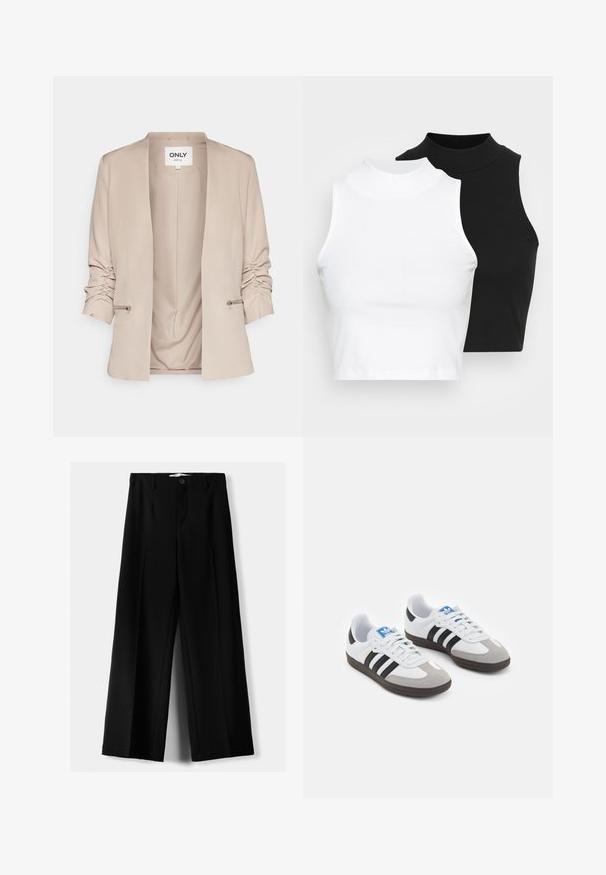 Beige blazer featuring a shawl collar, ruched sleeves, side zipper accents, and a smooth fabric texture. Open front with no closure.; Two sleeveless ribbed turtleneck tops in black and white, featuring a fitted design and smooth texture, with cropped length.; Black wide-leg trousers made of lightweight fabric, featuring a front button closure and flat front, with neatly stitched hems.; Sport shoes with a white leather upper, gray suede toe, and three black stripes. Features a blue logo on the tongue and a textured rubber sole.