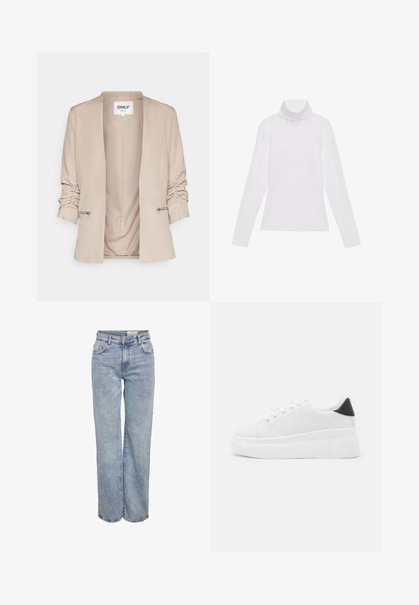 Beez žaket, millel on šaalikaelus, kogutud varrukad, külgmised tõmblukuga aktsendid ja sile kanga tekstuur. Avatud esikülg ilma sulgemiseta.; Valge pikkade varrukate turtleneck-särk, mis on valmistatud siledast ja venivast kangast. Omab kõrget kraed ja keha lähedast lõiget, ilma nähtavate mustrite või kaunistusteta.; Heledad sinine laia jalaeest, valmistatud denimist, kõrge vöökohaga, viie tasku disainiga ja kerge tuhmumisega, mis annab kulunud välimuse.; Valged platvormsneakerid, mis on valmistatud siledast sünteetilisest materjalist, ovaalse toe, paelkinnise disaini ja tekstuurse kummitaldiga. Must kontsrihm.