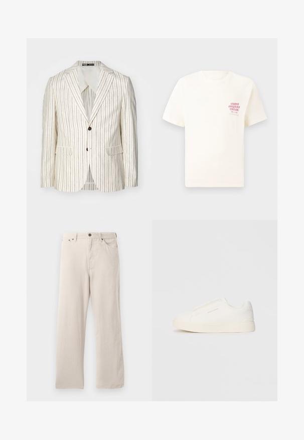 Svetlo béžový blazer s vertikálnymi hnedými pruhmi, jednoradový dizajn, klopové reverzné límce, dve predné vrecká a dva gombíky. Štandardný strih.; Biele tričko s krátkym rukávom s červeným textom "Studio Originals Edition" na ľavej hrudi, zobrazené na neutrálnom šedom pozadí.; Béžové kordové nohavice s rovný strihom, s ryhovanou textúrou, päť vreckami a zapínaním na gombíky.; Biele slip-on tenisky s textúrovaným povrchom, hrubou podrážkou a minimalistickým dizajnom. Obsahuje logo značky na boku.