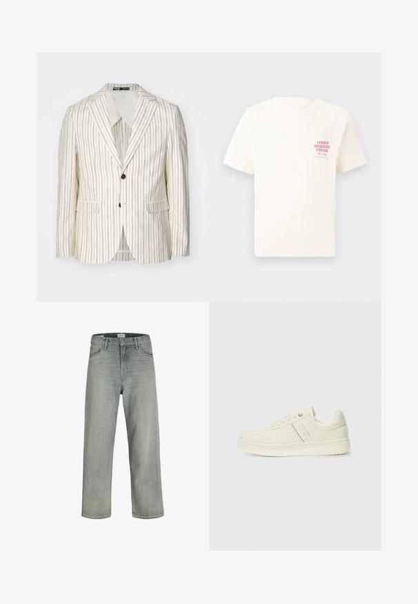 Sacou bej deschis cu dungi verticale maro, design cu un singur rând de nasturi, rever cu unghi, două buzunare frontale și două nasturi. Croi obișnuit.; Tricou alb cu mânecă scurtă, având text roșu "Studio Originals Edition" pe partea stângă a pieptului, expus pe un fundal gri neutru.; Jeans decolorate, cu croială confortabilă, realizate din denim. Prezentă un design clasic cu cinci buzunare, bucle pentru curea și o siluetă dreaptă.; Adidași crem cu detalii perforate, șireturi și logo pe lateral, expuși pe un fundal alb simplu.