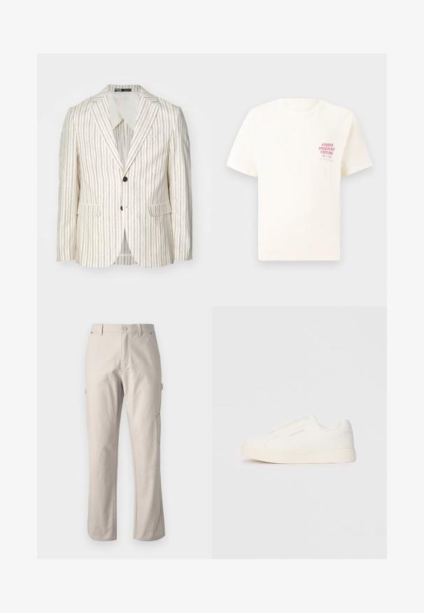 Gai bēšs žakets ar vertikālām brūnām svītrām, vienrindas dizains, ar iegrieztiem apmali, divām priekšējām kabatām un diviem pogām. Parasta piegriezuma.; Balts īsām piedurknēm T-krekls ar sarkanu tekstu "Studio Originals Edition" uz kreisā krūšu, pakārtots neitrālā pelēkā fonā.; Bežīgas kravas bikses, izgatavotas no izturīgas kokvilnas, ar taisnām kājām, priekšējo pogu aizdari un sānu kabatām praktiskai lietošanai. Gluda tekstūra ar smalku šuvumu.; Baltas slip-on sporta apavi ar teksturētu virsmu, biezu zoli un minimālistisku dizainu. Sānos redzams zīmola logotips.
