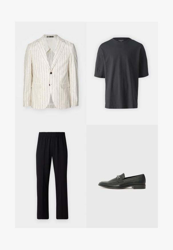 Light beige blazer with vertical brown stripes, single-breasted design, notch lapels, two front pockets, and two buttons. Regular fit.; Black short-sleeve t-shirt made of cotton, featuring a round neckline and a relaxed fit. No patterns or accents are visible.; Black, elastic-waist trousers with a straight-leg design, featuring a smooth texture and no visible patterns or hardware.; Black leather loafer with a smooth finish, featuring a stitched design and a decorative metal chain accent across the vamp. Flat heel.