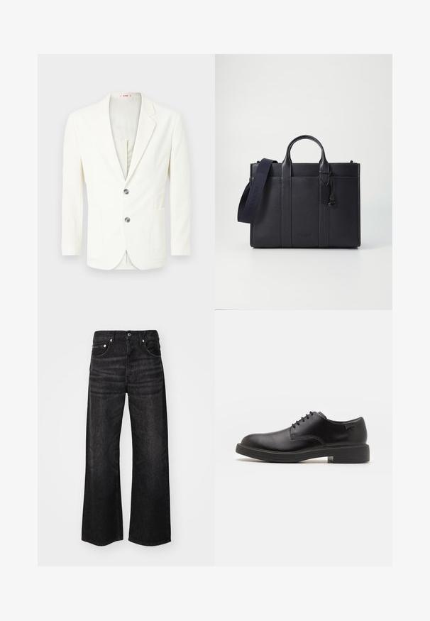 Valkoinen, teksturoitu bleiseri slim fit -mallissa, jossa on kaksi nappia, tasku vasemmalla ja sileä vuori.; Mustahuivi neule, joka on valmistettu pehmeästä materiaalista, jossa on pitkät hihat ja tiukka istuvuus. Ribbaus reunassa ja hihansuissa. Yksinkertainen muotoilu.; Leveleg black denim-housut, joissa on sileä rakenne, klassinen viiden taskun muotoilu ja hopeiset yksityiskohdat. Kangassa on hieno haalistuma.; Mustat nahkasaappaat, joissa on pyöreä kärki, sileä pinta, minimaalinen ommel ja matala kumipohja. Logo kannassa.; Tummansininen nahkainen salkku, jossa on kaksinkertaiset yläkahvat ja irrotettava hihna. Varustettu tekstuuripinnalla, pystysuoralla ompeleella ja logotiedoilla.