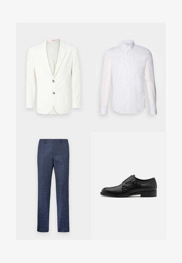 Blazer bianco, strutturato, con una vestibilità slim, dotato di due bottoni, una tasca a sinistra e una fodera interna liscia.; Camicia bianca a maniche lunghe con bottoni realizzata in cotone, caratterizzata da un colletto classico, bottoni frontali e dettagli di cucitura minimal.; Pantaloni blu navy realizzati in un tessuto texturizzato, con gamba dritta, davanti piatto e due tasche laterali. Nessun motivo o dettaglio visibile.; Scarpa da uomo in vera pelle nera con doppie fibbie, silhouette elegante e punta tonda. Presenta un tacco basso e una texture liscia.