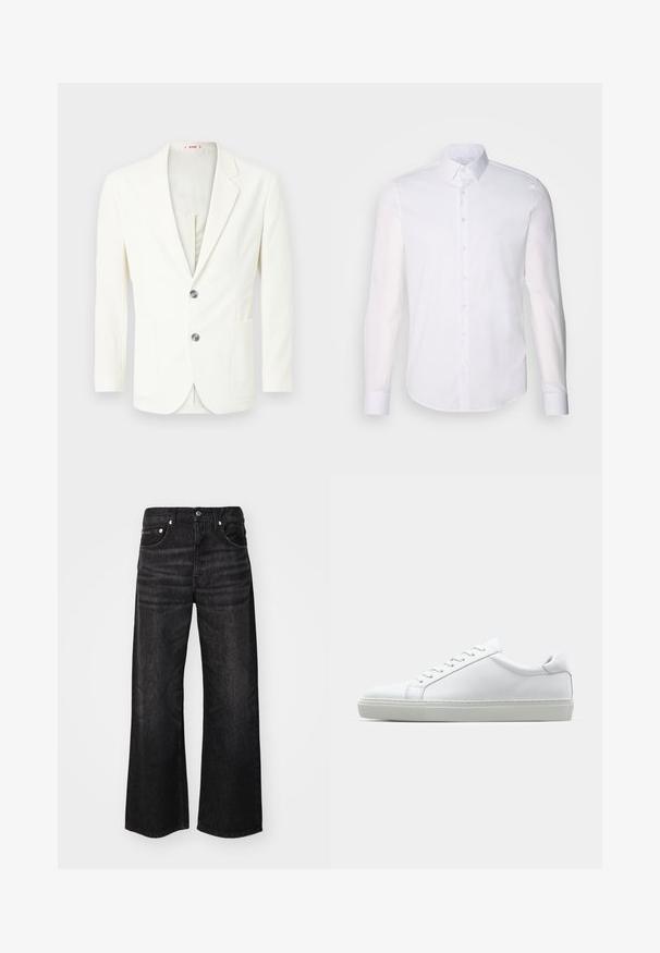 Hvit, teksturert blazer med slim fit, som har to knapper, en lomme på venstre side og en glatt innerforing.; Hvit langermet skjorte med knapper laget av bomull, med klassisk krage, frontknapper og minimal sømdetalj.; Bredde ben svarte denimjeans med en glatt tekstur, klassisk fem-lommersdesign og sølvfarget detaljer. Har subtil falming langs stoffet.; Hvit sneakers med en glatt skinnoverdel og lav profil. Har en rund tå, seks snøring hull, og en teksturert gummisåle.