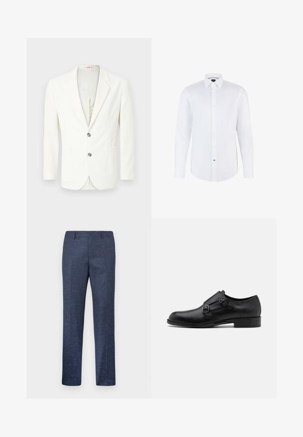 Blazer bianco, strutturato, con una vestibilità slim, dotato di due bottoni, una tasca a sinistra e una fodera interna liscia.; Camicia bianca a maniche lunghe realizzata in tessuto morbido, con chiusura a bottoni sul davanti, colletto a punta e orlo curvato. Accentata da un bottone di marca distintivo.; Pantaloni blu navy realizzati in un tessuto texturizzato, con gamba dritta, davanti piatto e due tasche laterali. Nessun motivo o dettaglio visibile.; Scarpa da uomo in vera pelle nera con doppie fibbie, silhouette elegante e punta tonda. Presenta un tacco basso e una texture liscia.