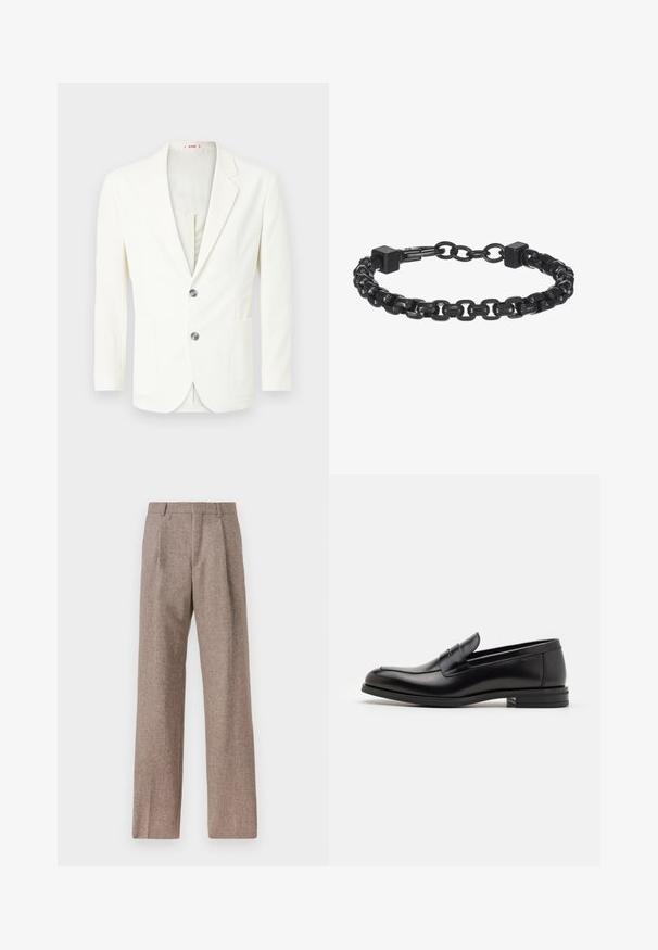 Biała, teksturowana marynarka o slim fit, wyposażona w dwa guziki, kieszeń z lewej strony oraz gładkie podszewkę.; Biała koszula z długim rękawem na guziki, wykonana z bawełny, z kieszonką na piersi z tonowym haftem, kołnierzykiem i zapięciem na guziki przy mankietach.; Brązowe, wysokiej talii spodnie wykonane z teksturowanej tkaniny. Posiadają szerokie nogawki i dwa przednie zakładki dla lepszej struktury. Starannie wykończone, bez widocznych elementów metalowych.; Czarne skórzane mokasyny o gładkiej fakturze, zaokrąglonym nosku i dekoracyjnym pasku na przodzie. Niski, warstwowy obcas, minimalistyczny design.; Bransoletka z czarnego metalu z ogniwami połączonymi w kształcie kwadratów i gładką fakturą. Regulowany projekt zapewniający odpowiednie dopasowanie.