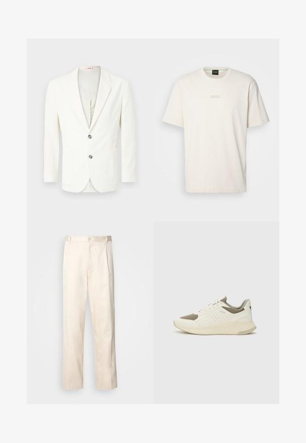 Blazer bianco, strutturato, con una vestibilità slim, dotato di due bottoni, una tasca a sinistra e una fodera interna liscia.; BOSS TEE - T-shirt basic - open white; Pantaloni in cotone beige con taglio dritto, dotati di chiusura a bottone e pence sul davanti per un tocco di dettaglio in più.; Sneaker atletica bianca e beige chiaro, con tomaia in mesh, dettagli perforati e una suola intermedia texturizzata con marchio sul tallone.