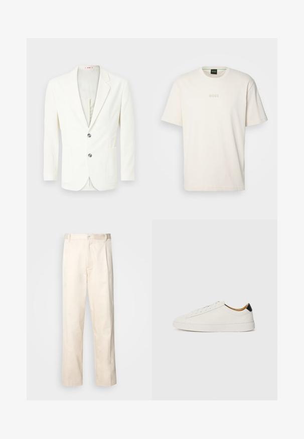 Weißer, strukturierter Blazer mit schlanker Passform, ausgestattet mit zwei Knöpfen, einer Tasche auf der linken Seite und einem glatten Innenfutter.; BOSS TEE - T-Shirt basic - open white; Beige Baumwollhose mit geradem Bein, ausgestattet mit einem Knopfverschluss und Falten an der Vorderseite für zusätzliche Details.; Weißer Sneaker mit glattem Lederobermaterial, runder Zehenpartie und flacher Sohle. Schwarzer Akzent an der Ferse, mit farblich abgestimmten Schnürsenkeln und minimalem Branding.