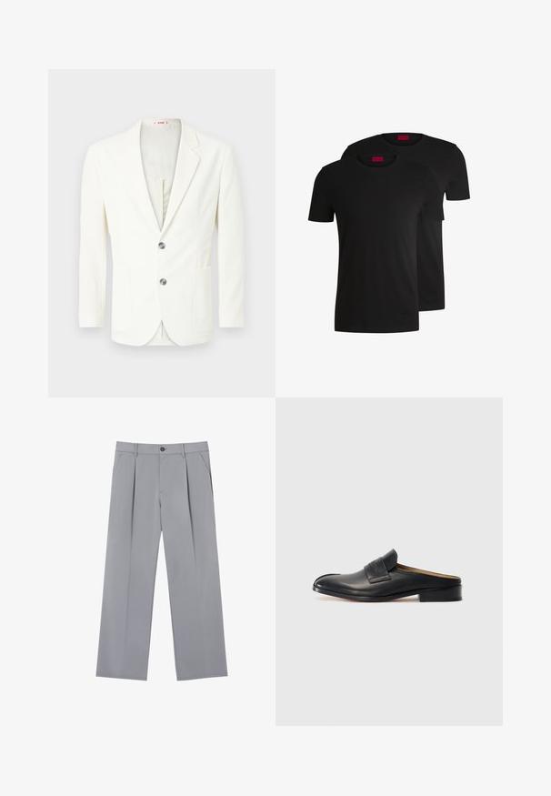 Sacou alb, texturat, cu o croială slim, având două nasturi, o buzunar pe partea stângă și o căptușeală interioară netedă.; Două tricouri negre din bumbac, cu mâneci scurte și guler rotund. Ambele au o etichetă de marcă roșie la guler. Design simplu, clasic.; Pantaloni gri plisati, cu o croială lejeră, realizați dintr-un material ușor. Au buzunare frontale și un închidere cu nasture la talie.; Pantof cu talpă interioară din piele neagră, cu vârful rotunjit, toc mic blocat și o curea frontală. Textură netedă cu un detaliu subtil al logo-ului pe curea.