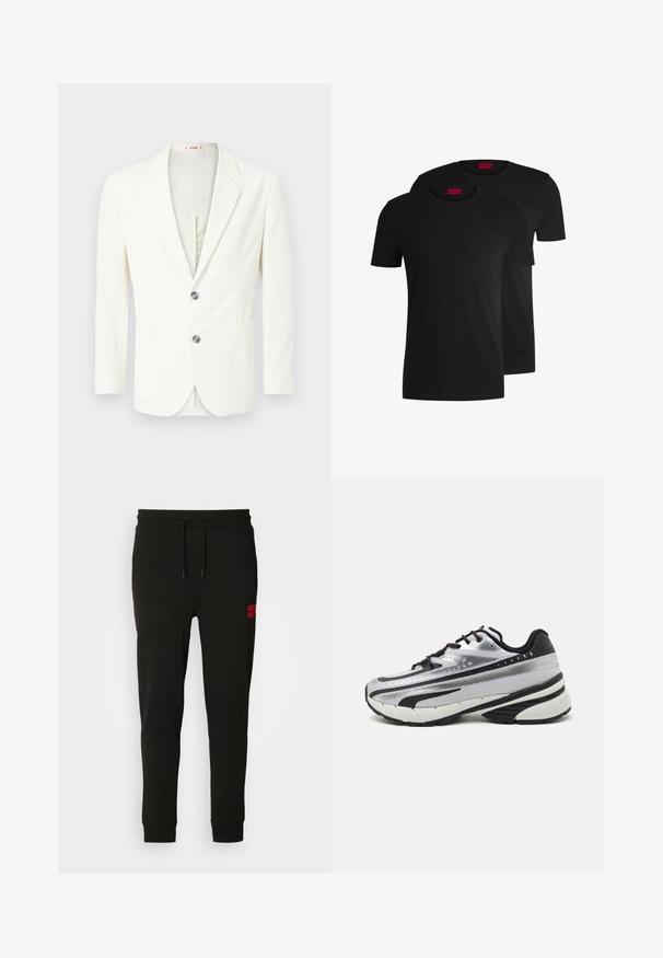 Vit, texturerad blazer med slim fit, som har två knappar, en ficka på vänster sida och en slät innersid.; Två svarta bomull t-shirts med korta ärmar och rund halsringning. Båda har en röd varumärkesetikett vid halsen. Enkelt, klassiskt design.; Svarta sweatpants i mjukt material, med dragsko i midjan, slim fit och en röd logotyp på vänster lår.; Löparskor med överdel i silvernät, svarta accenter och vit sula. Har en strukturerad design och svarta skosnören. Lätta och vadderade.