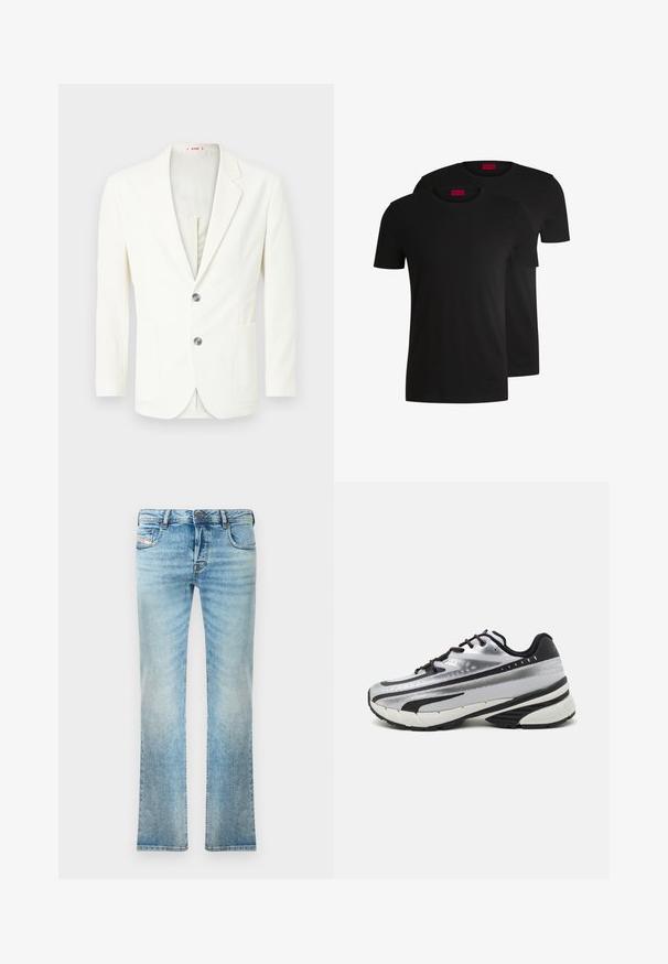 Hvit, teksturert blazer med slim fit, som har to knapper, en lomme på venstre side og en glatt innerforing.; To svarte bomull t-skjorter med korte ermer og rund hals. Begge har en rød merkeetikett ved halsen. Enkel, klassisk design.; Lyseblå denimjeans med rette ben, fem lommer og lett falming. Inkluderer metallknapp og glidelås.; Løpesko med sølvfarget mesh-overdel, svarte detaljer og hvit såle. Har strukturert design og svarte snørebånd. Lettvektig og godt dempet.