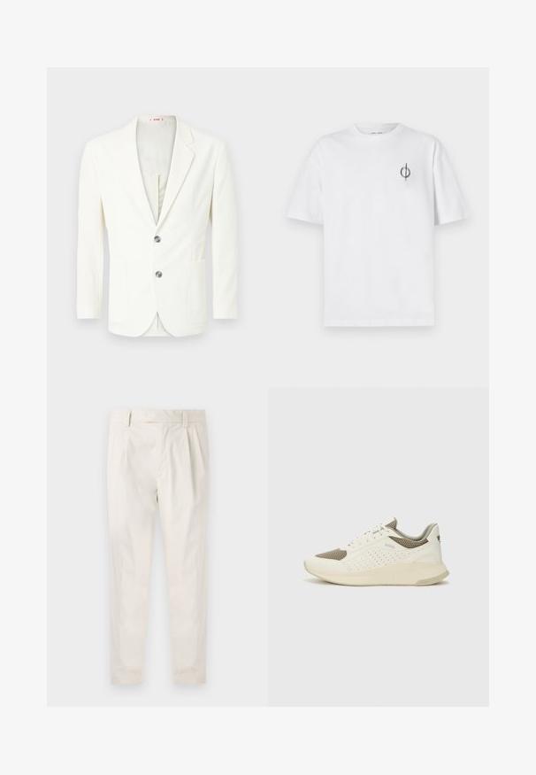 Bijeli, teksturirani sako s uskim krojem, s dva gumba, džepom s lijeve strane i glatkom unutarnjom podstavom.; Bijela pamučna majica s opuštenim krojem, s malim crnim grafičkim logotipom na lijevoj prečki. Kratki rukavi, okrugli izrez.; Bijele, naborane hlače s krojem po mjeri, koje imaju glatku teksturu, petlje za pojas i sužene nogavice. Nema vidljivih džepova ili uzoraka.; Bijele i svijetlosmeđe sportske tenisice, sa mrežastim gornjim dijelom, perforiranim detaljima i teksturiranim međutrakom sa brendom na peti.